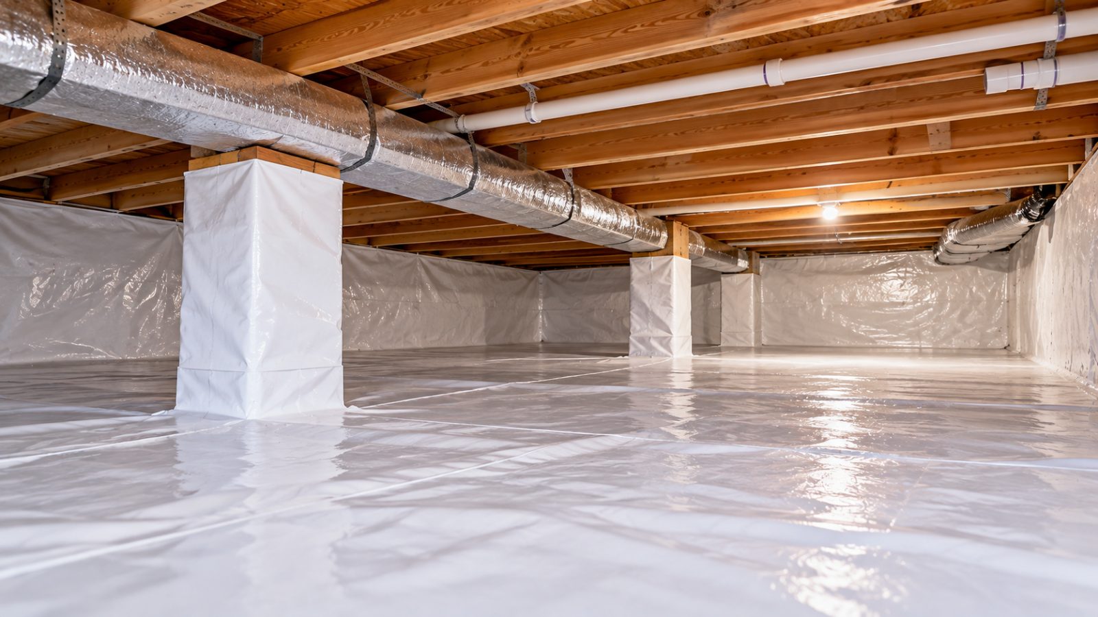 Crawl space lined with a white vapor barrier