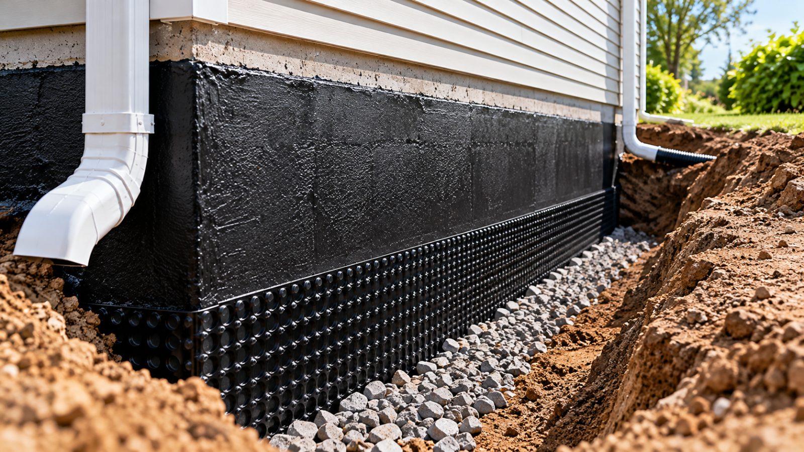 Excavated foundation wall with exterior waterproofing
