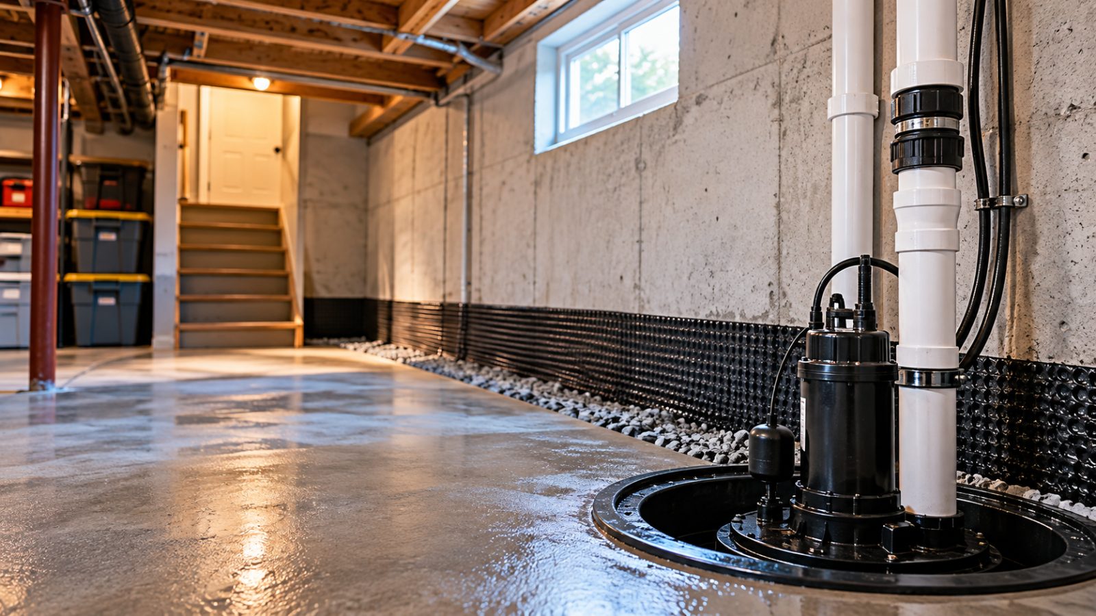 Sump pump and discharge piping inside a basin