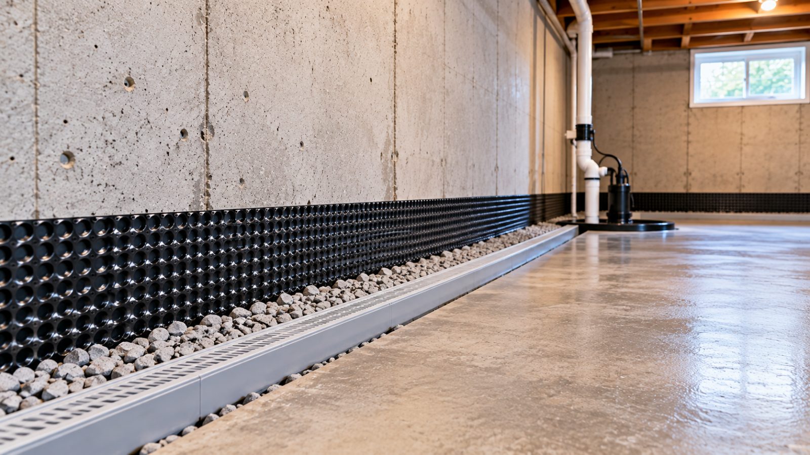 Interior perimeter drain channel along a basement wall