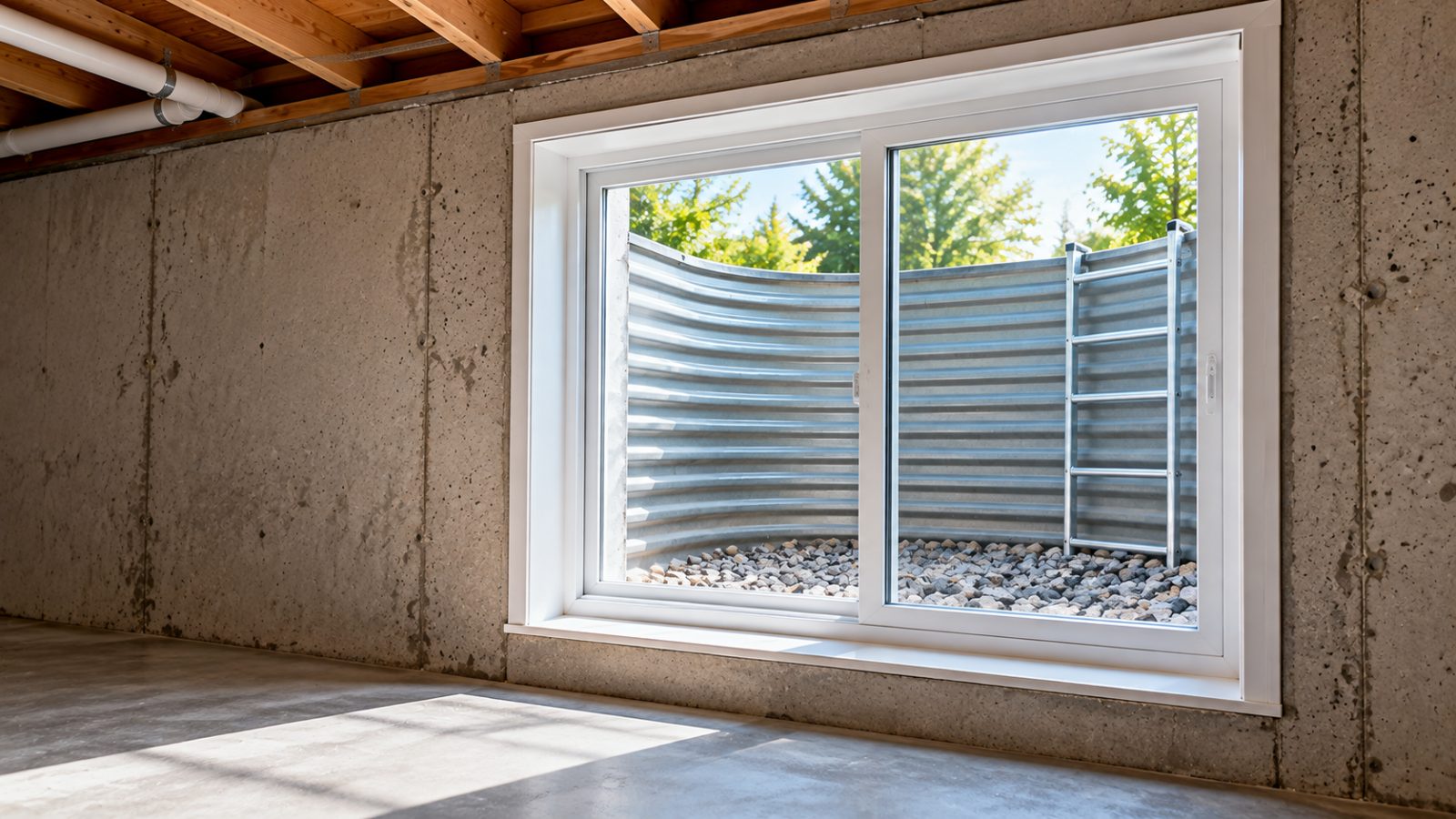 Basement egress window with an exterior well