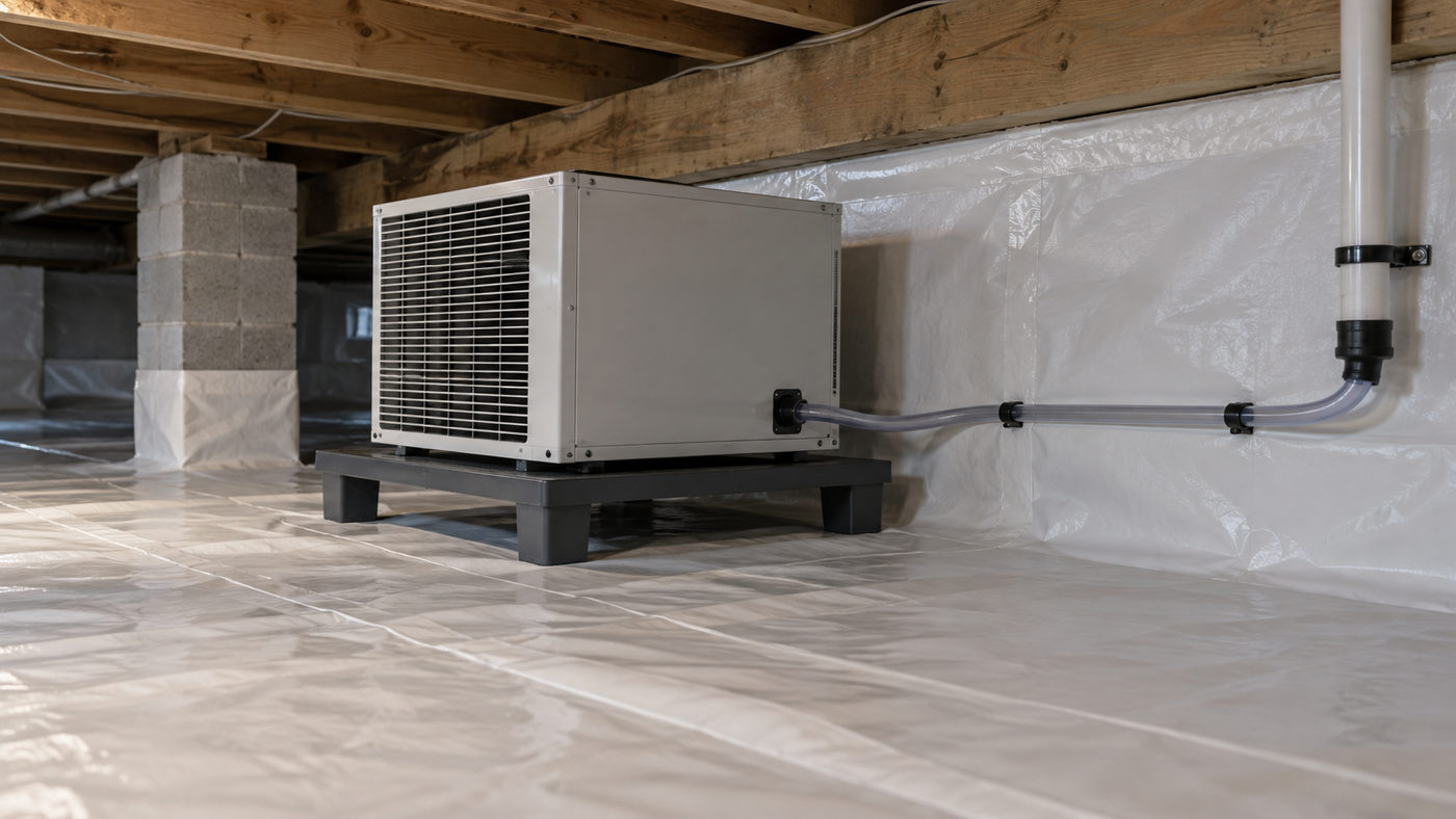 Dehumidifier in encapsulated crawl space (illustrative)