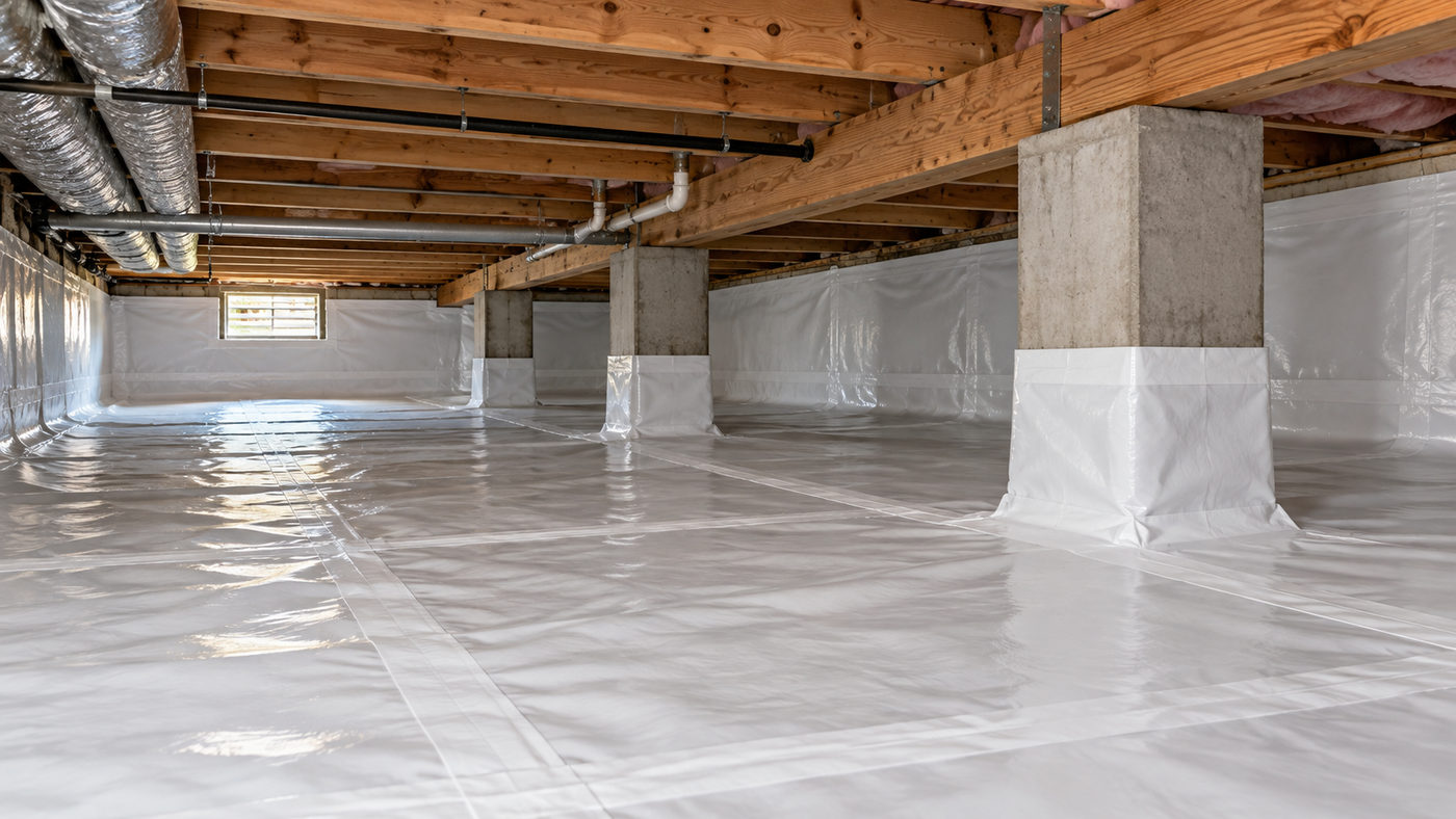 Vapor barrier sealed around crawl-space support piers (illustrative)