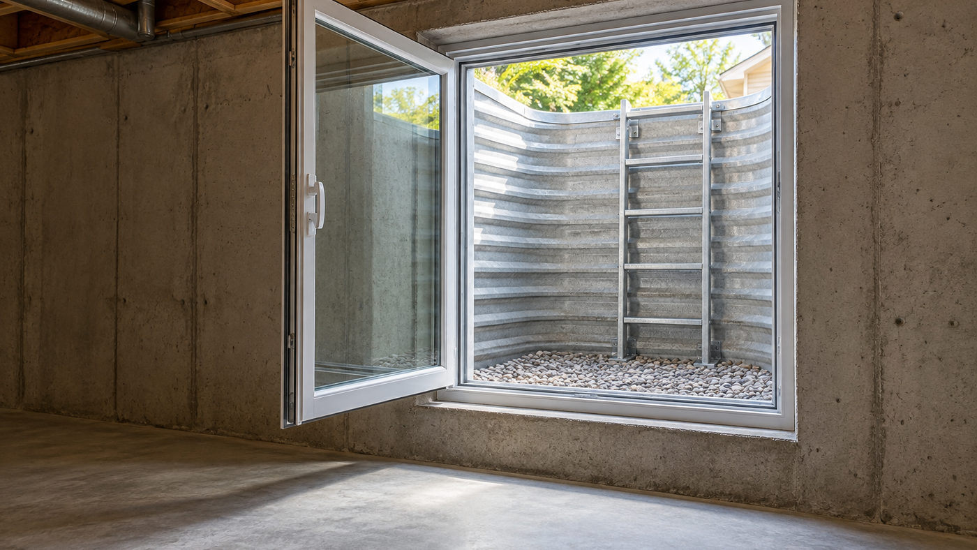 Open egress window viewed from basement toward window well (illustrative)