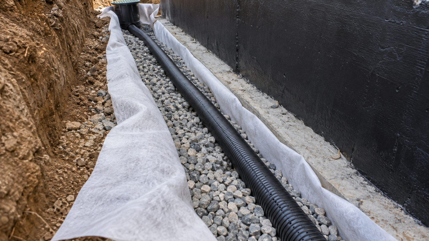Footing drain pipe in gravel beside exterior foundation (illustrative)