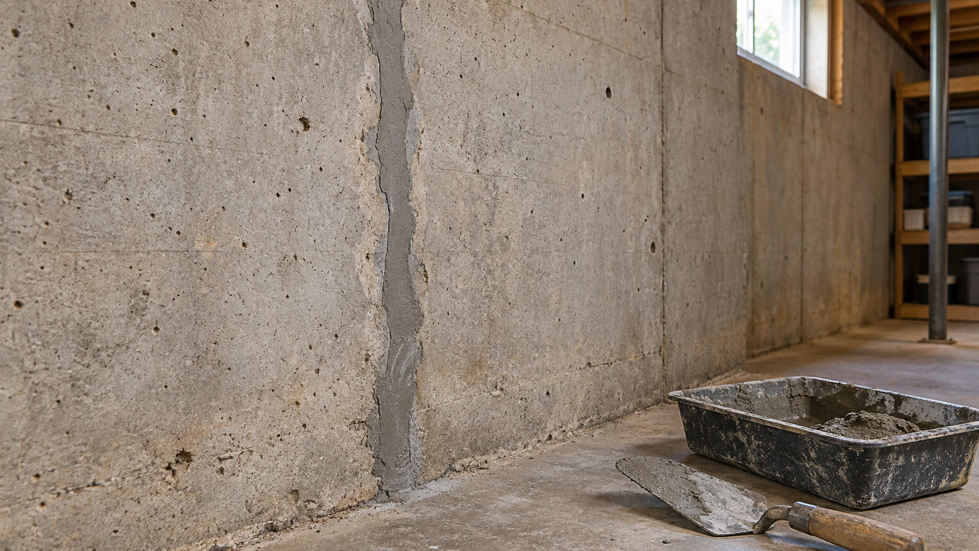 Sealed vertical crack in concrete foundation wall (illustrative)