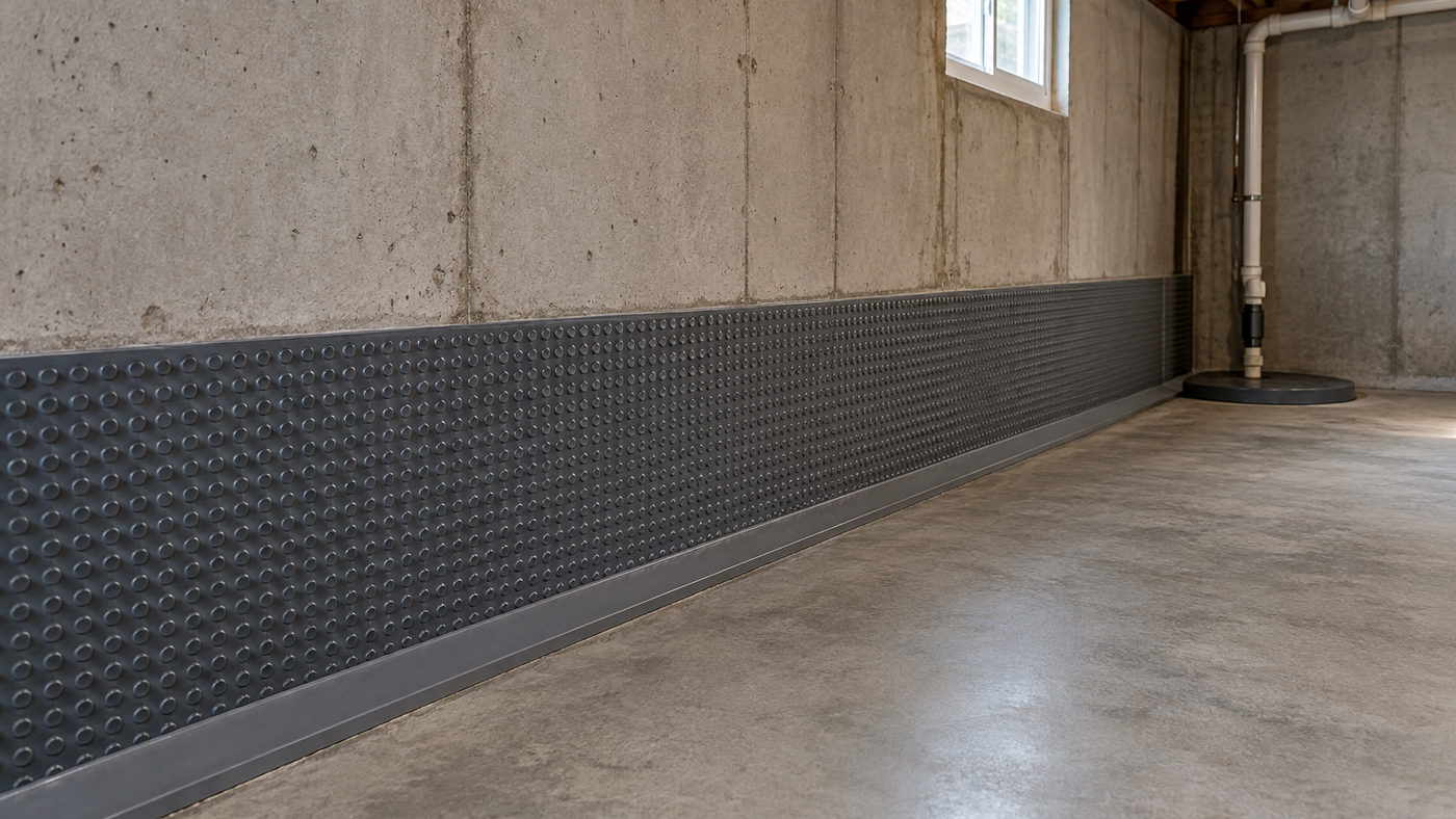 Completed interior wall membrane and perimeter drainage channel (illustrative)