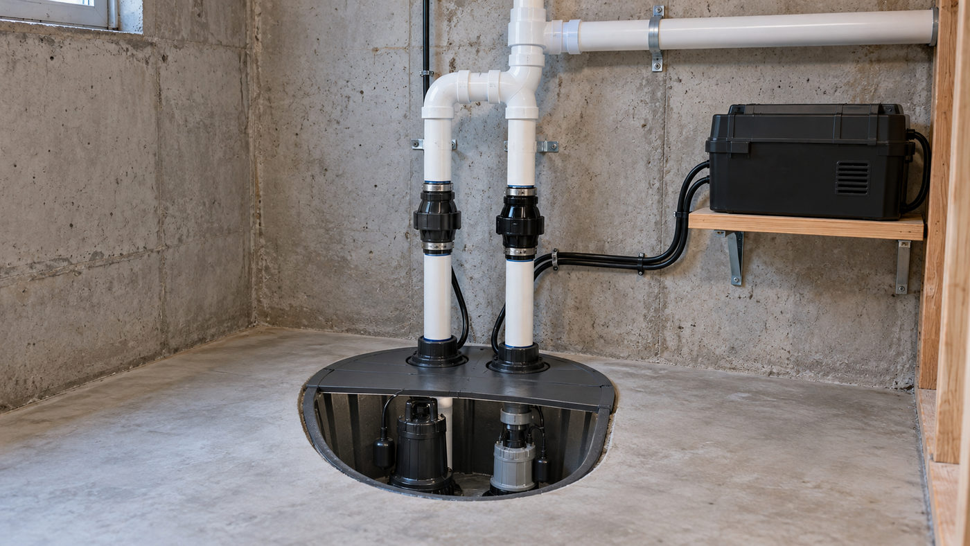 Primary and battery-backup sump pump installation (illustrative)
