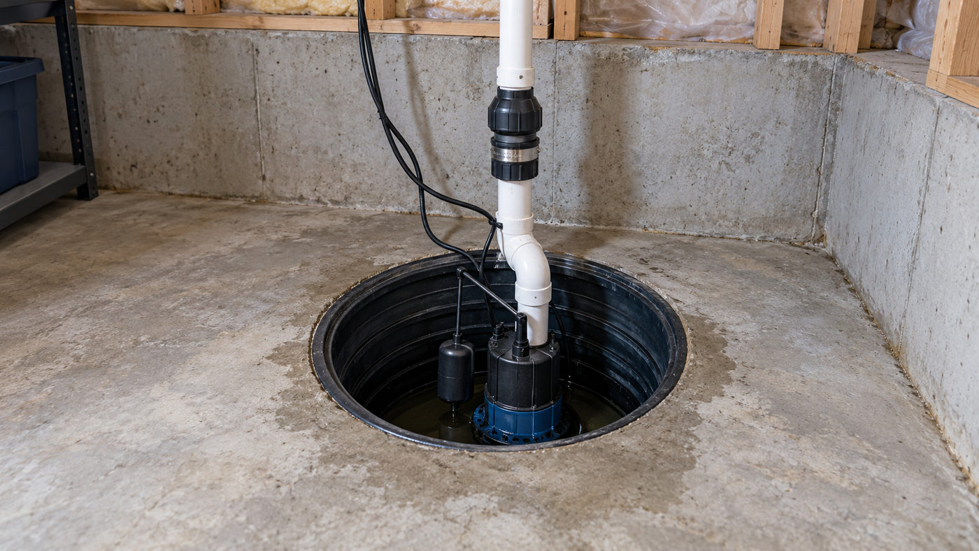 Open sump pit with pump and discharge pipe (illustrative)